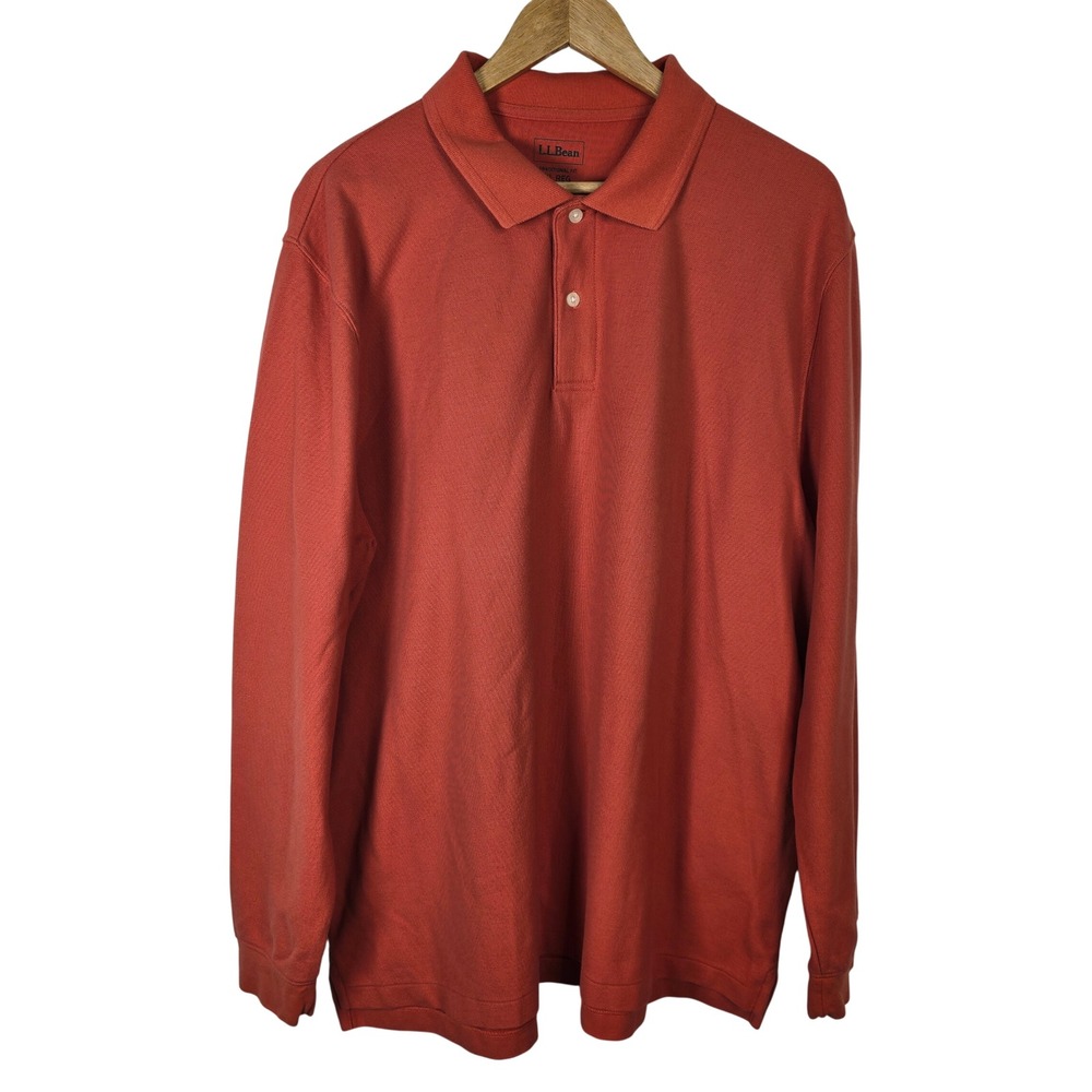 LL Bean Mens Traditional Fit Long Sleeve Polo Shirt Orange XL REG Cotton